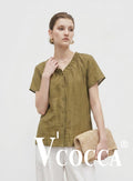 V'COCCA E262081 萊賽爾醋酸木耳邊V領短袖上衣