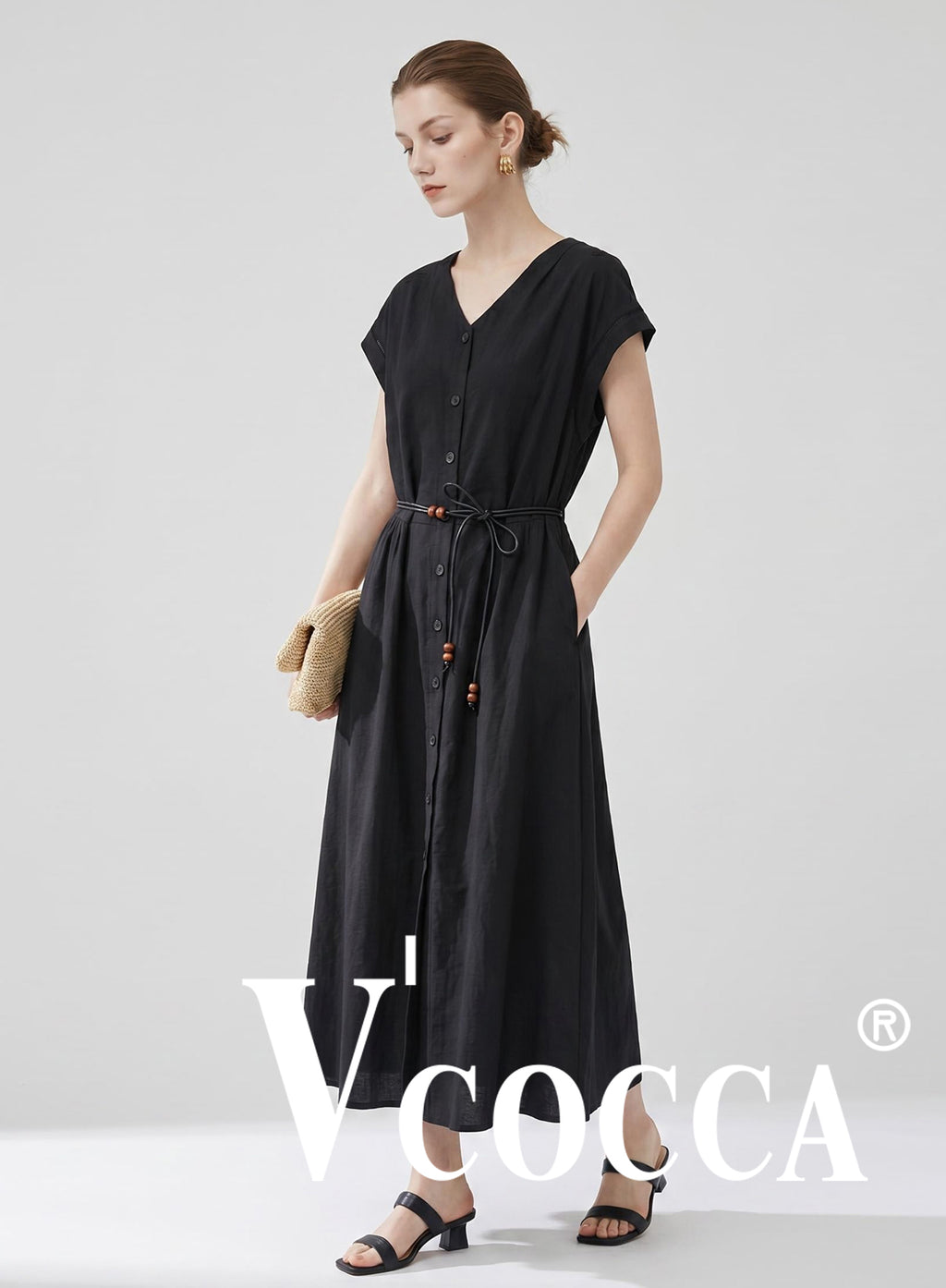 V'COCCA E262028 萊賽爾醋酸木耳邊V領短袖上衣
