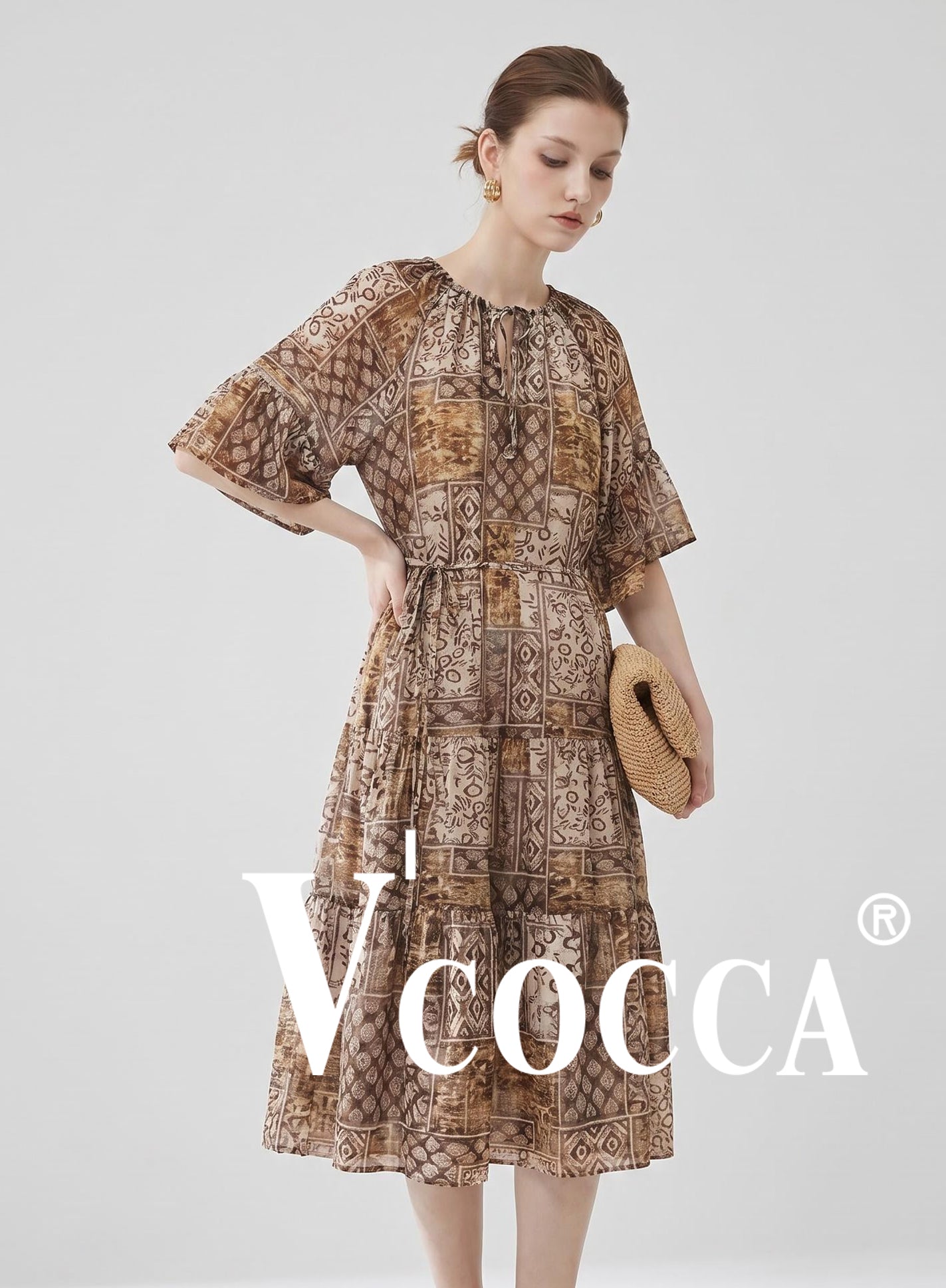V'COCCA E262107 復古圖騰印花亞麻混紡連衣裙｜鬆弛感夏日戰袍