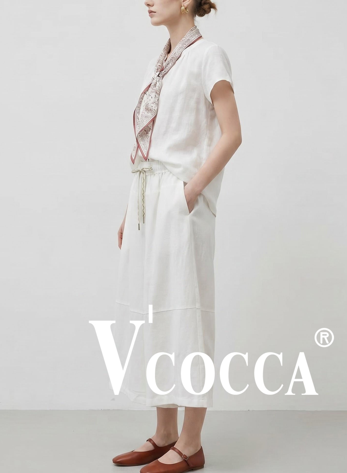 V'COCCA E262082 文藝拼接闊腿七分裙褲｜鬆緊抽繩棉麻感休閒褲