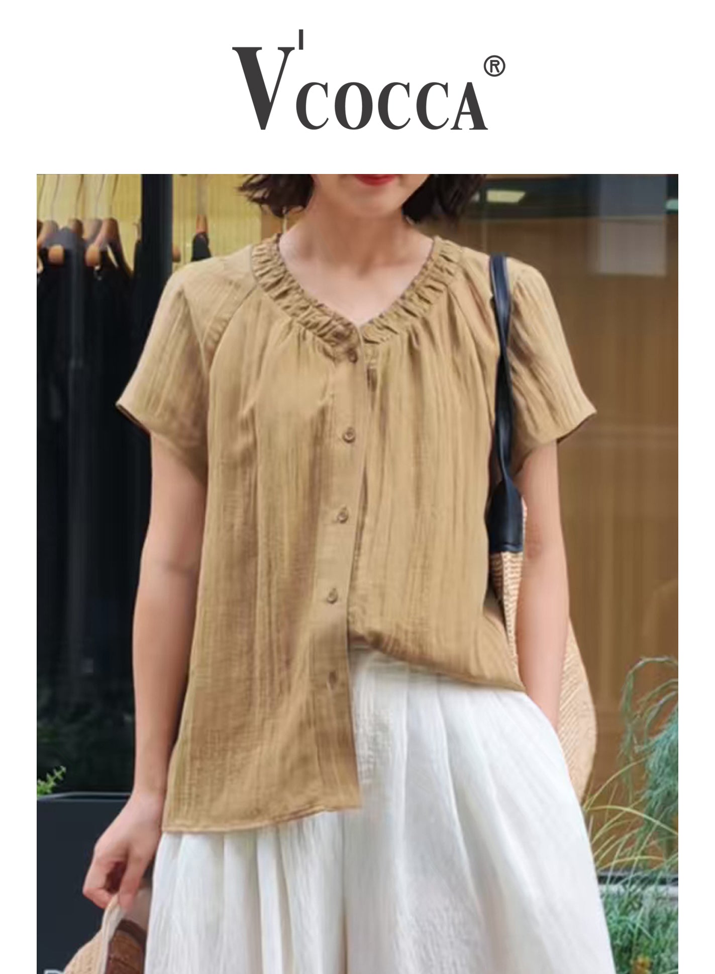 V'COCCA E262081 萊賽爾醋酸木耳邊V領短袖上衣